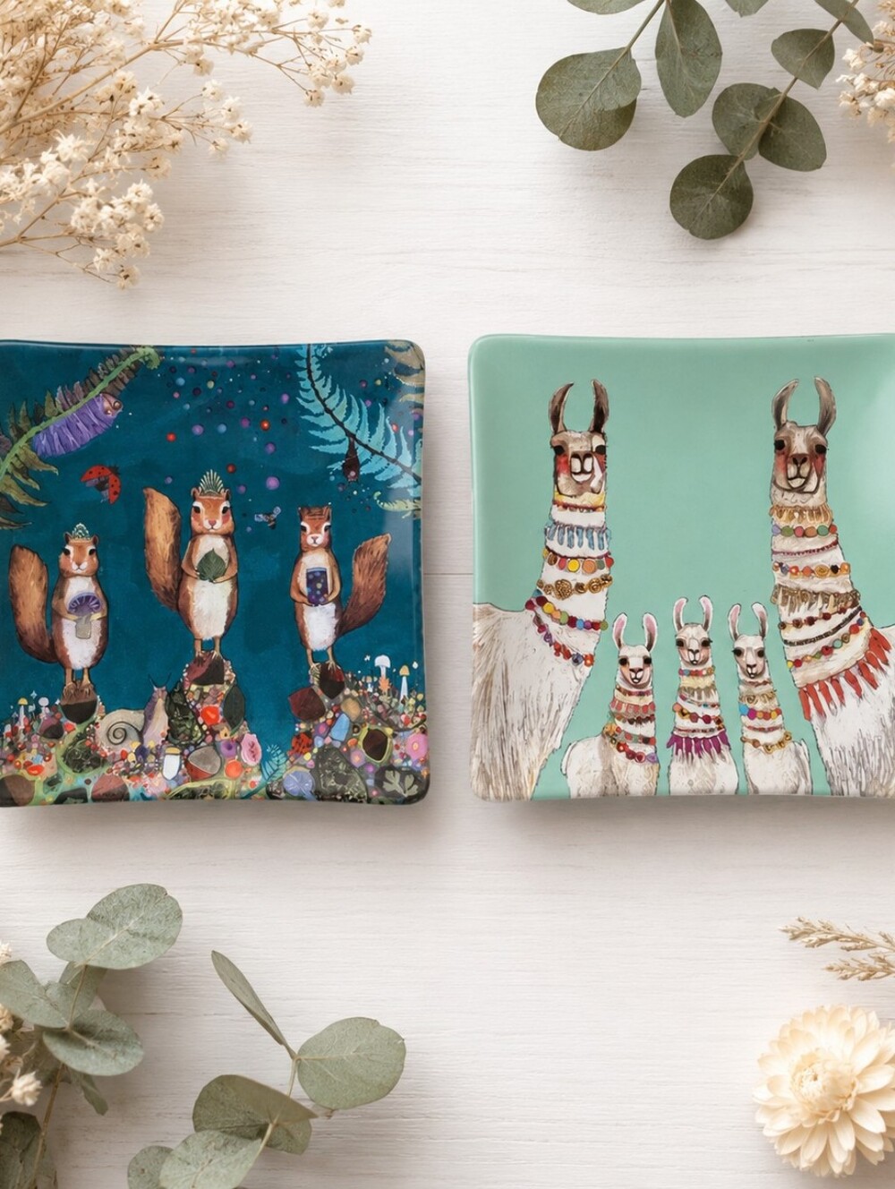 GreenBox Art + Culture Squirrel & Llama Ceramic Trinket Dish Set